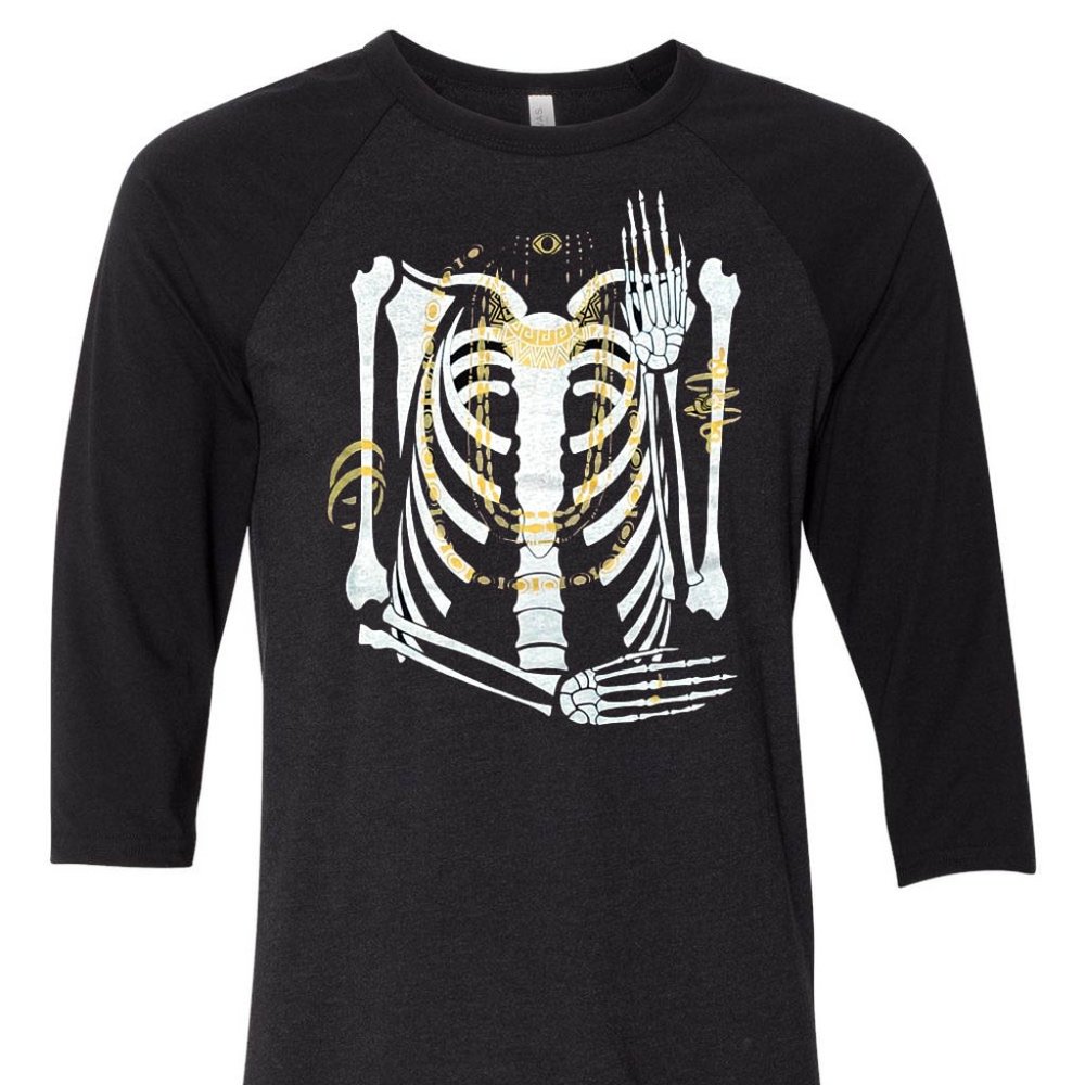 Remains Skeleton with Golden Jewelry Raglan 3/4 sleeve shirt